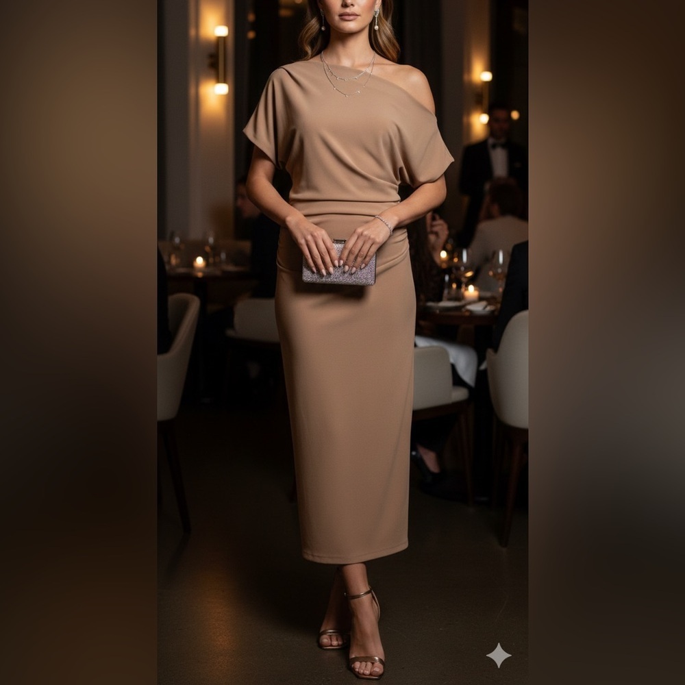 Gibson Latimer Tan Ruched Midi Dress